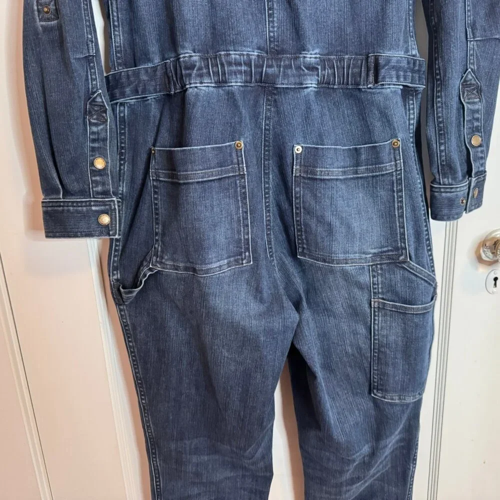 Duluth Trading Co Dark Wash Blue Denim Women's Work Long Sleeve Jumpsuit sz 10R - Picture 8 of 15